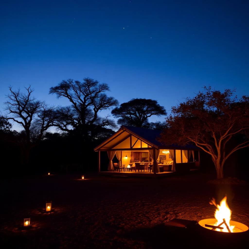 Luxury safari camp at twilight